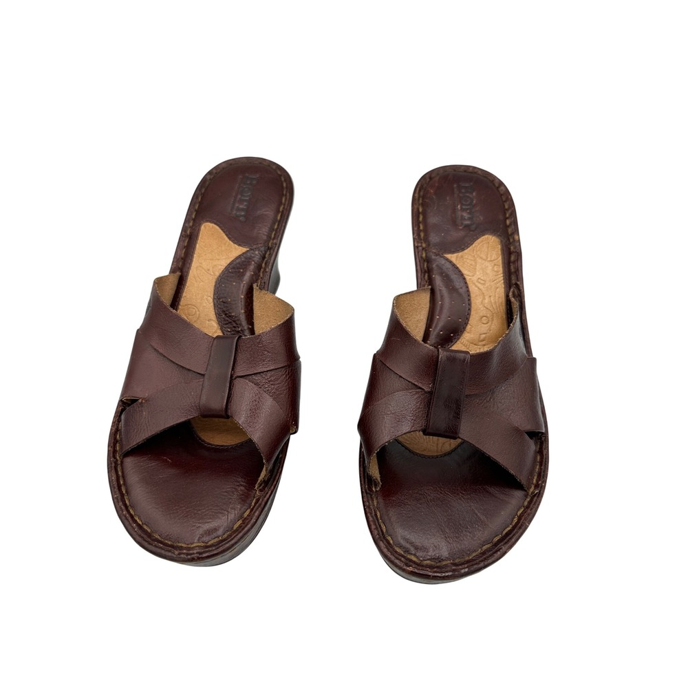 Born Handcrafted Footwear Women's Brown Leather Wedge Heel Slide Sandals